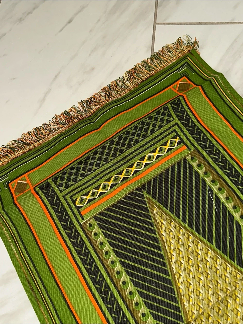 Vintage Caicara Brasil Woven Table Runner Green Orange Geometric Boho Fringe 33